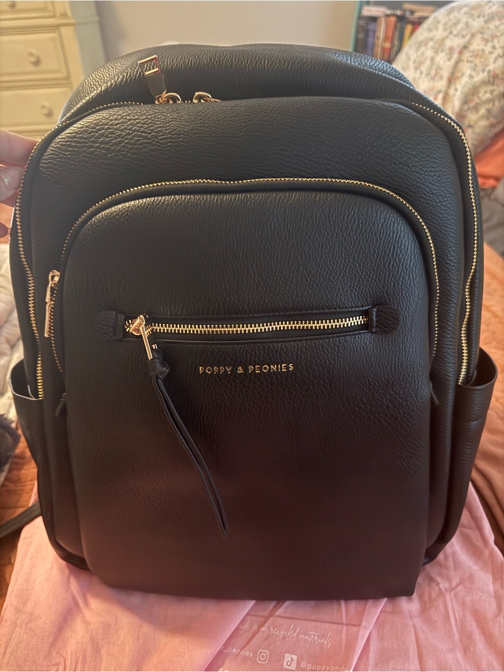 Poppy & Peonies Black Backpack with Gold Hardware
